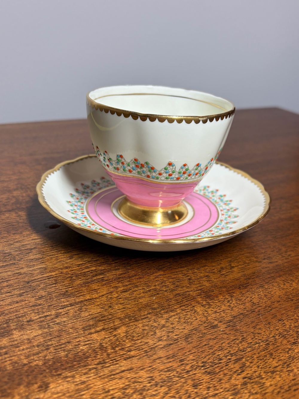 Rare Tuscan English Bone China Teacup & Saucer, Pink & Gold Hand Painted Flowers